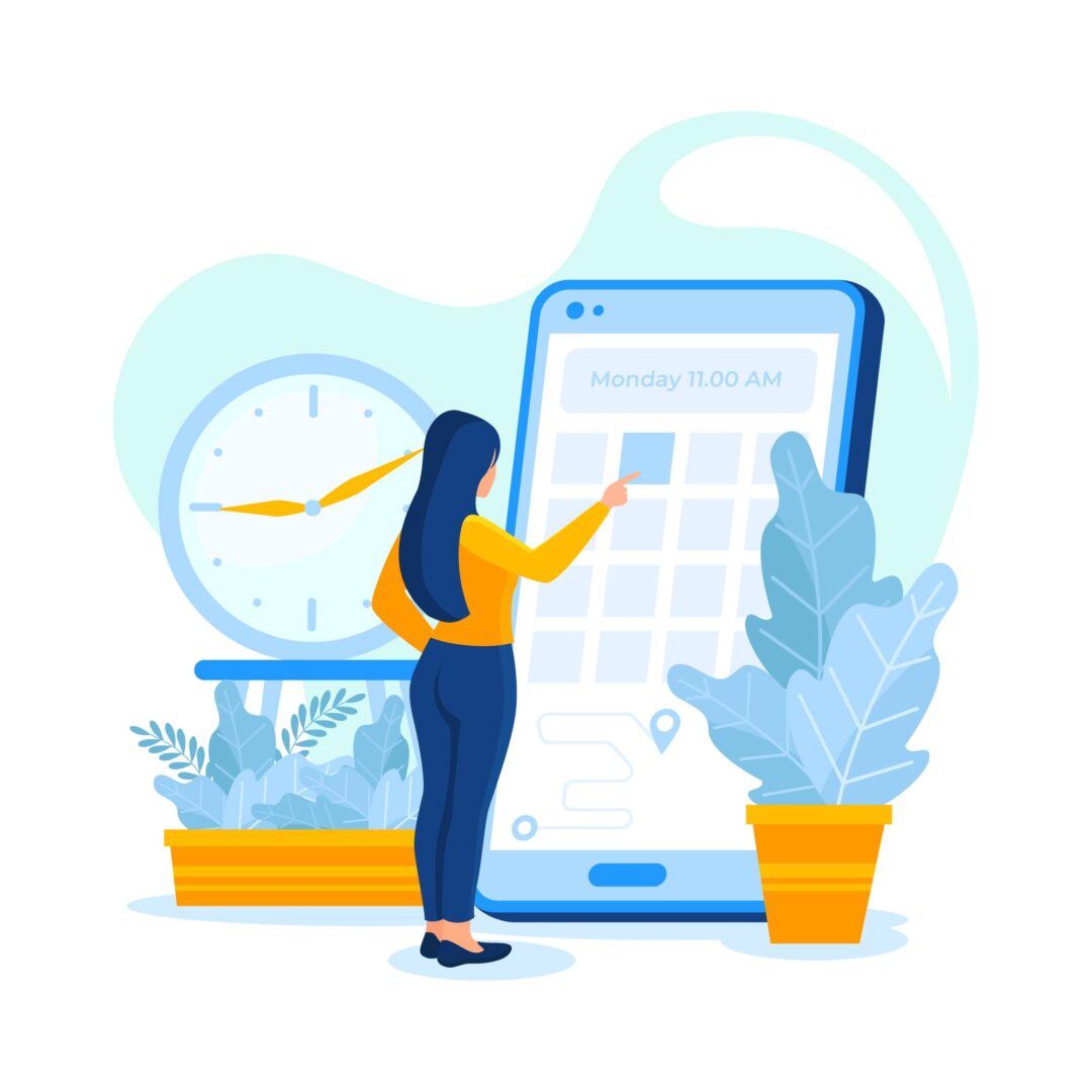 Prospección Comercial: Estrategias Efectivas para Captar Nuevos Clientes 2 Mujer organizando su agenda en una aplicación de calendario gigante, simbolizando la planificación en la prospección comercial.