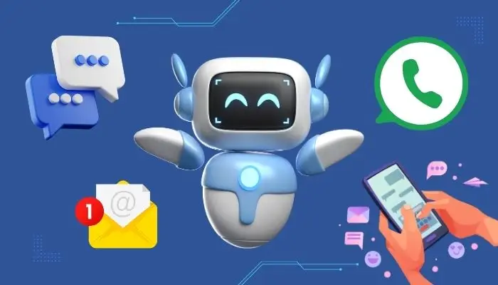Blog 6 Gráfico de un chatbot con íconos de mensajería, correo electrónico y WhatsApp, junto con una mano utilizando un teléfono móvil.