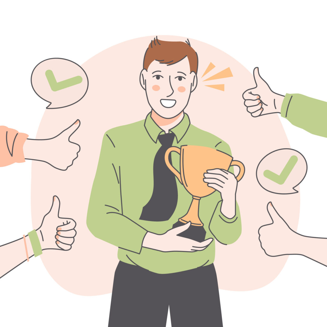 Estrategias de Prospección 2025 : Técnicas Efectivas para la Prospección B2B 1 Ilustración de un hombre sosteniendo un trofeo, rodeado de íconos de aprobación y pulgares hacia arriba, representando participacion en eventos como parte de estrategias de prospección B2B.