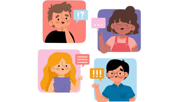 Blog 1 Ilustración de un grupo de personas practicando la escucha activa, con gestos de atención y comprensión durante una conversación