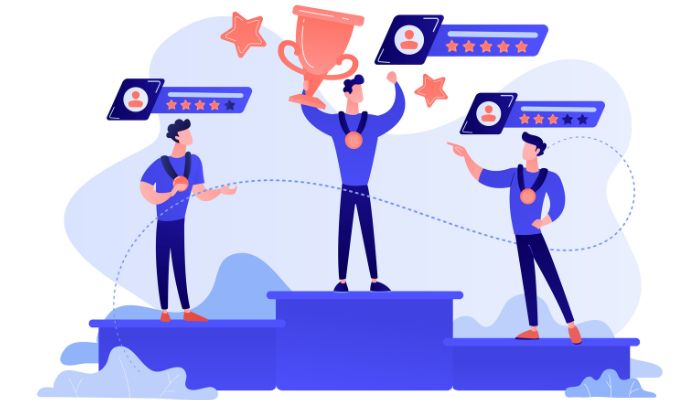 Blog 7 Ilustración de un consultor en el centro del podio sosteniendo un trofeo, simbolizando el éxito en encontrar un lead calificado