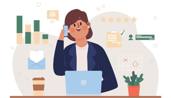 Blog 5 Una mujer sonriente realizando llamadas en frío mientras trabaja en su computadora portátil, con iconos de análisis de datos y organización de tareas en el fondo.