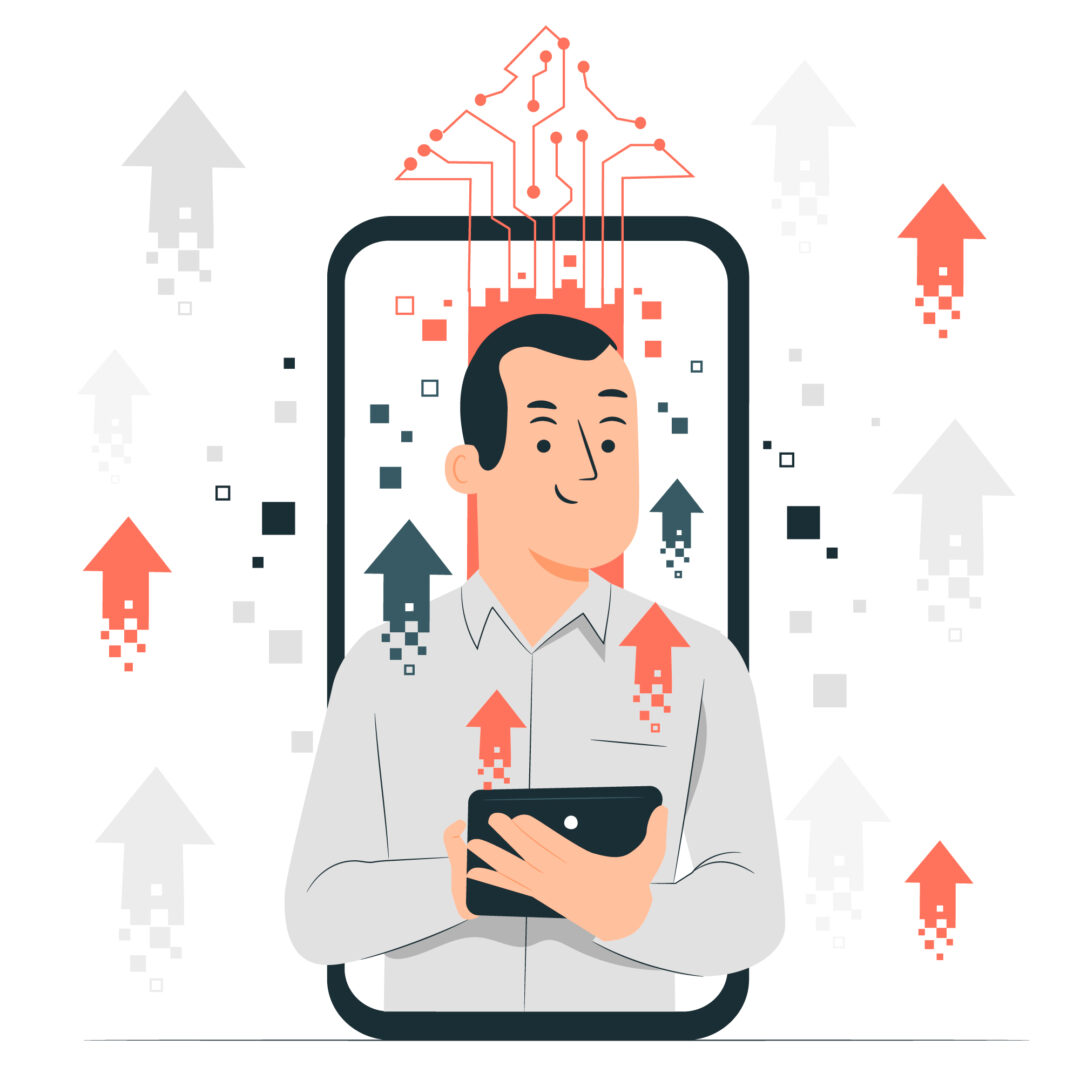 Claves 2024: Búsqueda efectiva de clientes en el mercado tecnológico 1 Hombre de negocios utilizando una tableta con gráficos digitales emergiendo y fluyendo hacia arriba, simbolizando la búsqueda efectiva de clientes.