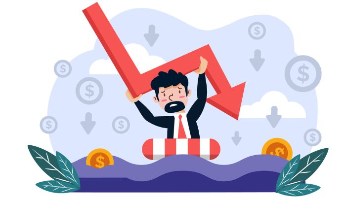 Blog 8 Ilustración de un empresario afligido flotando en un salvavidas, con una flecha roja de tendencia descendente, representando retos en ventas de soluciones tecnológicas.