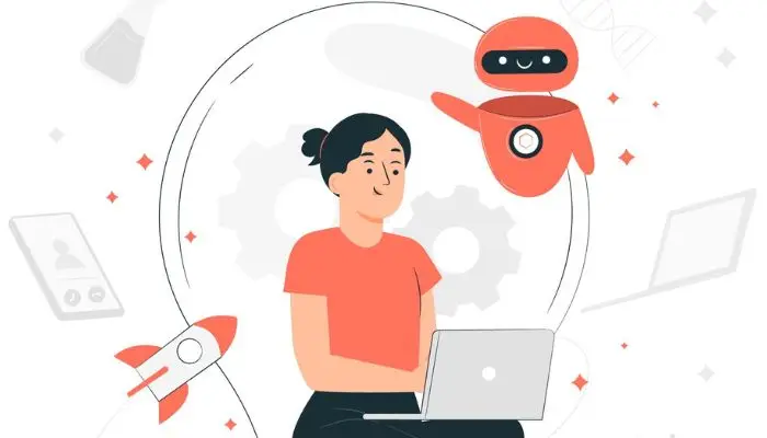 Blog 10 Ilustración de una mujer trabajando en una laptop acompañada de un chatbot de ventas.