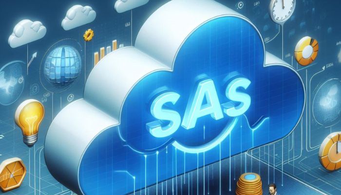 Blog 5 Ilustración conceptual del mercado SaaS con iconos de la nube, tecnología y finanzas